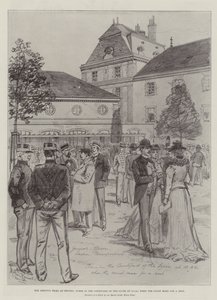 Het Dreyfus-proces in Rennes, scène op de binnenplaats van het Lyceum om 10 uur, wanneer de rechtbank pauzeert door Melton Prior